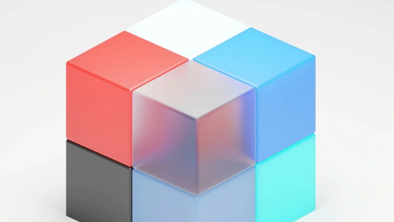 Gestapelte 3D-Würfel in Rot, Blau und Cyan
