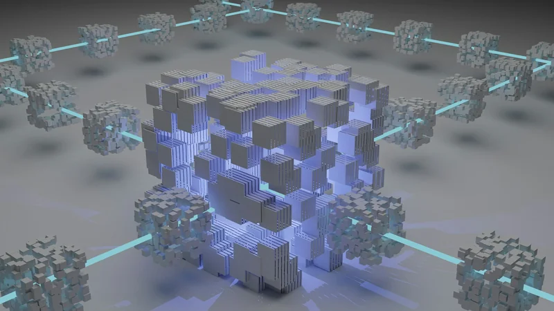 Verbundene 3D-Würfelgruppen mit cyanfarbenen Strahlen
